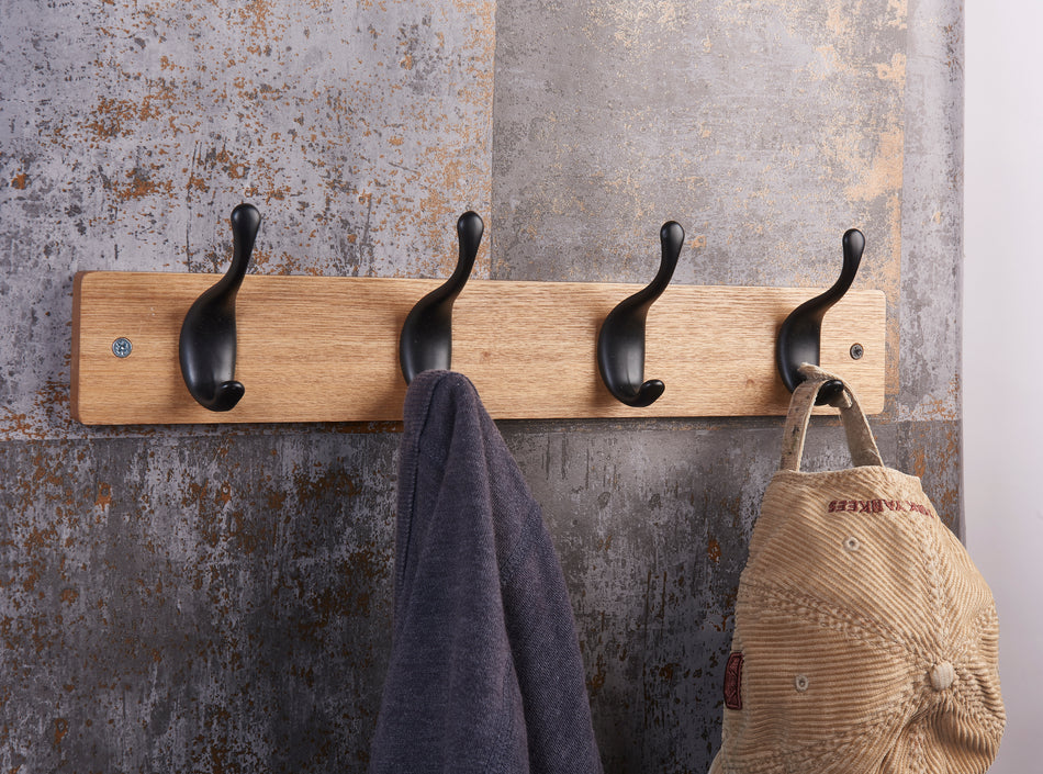 Coat Rack  -  Ash Block with 4 Black Modern Hooks FSC100%