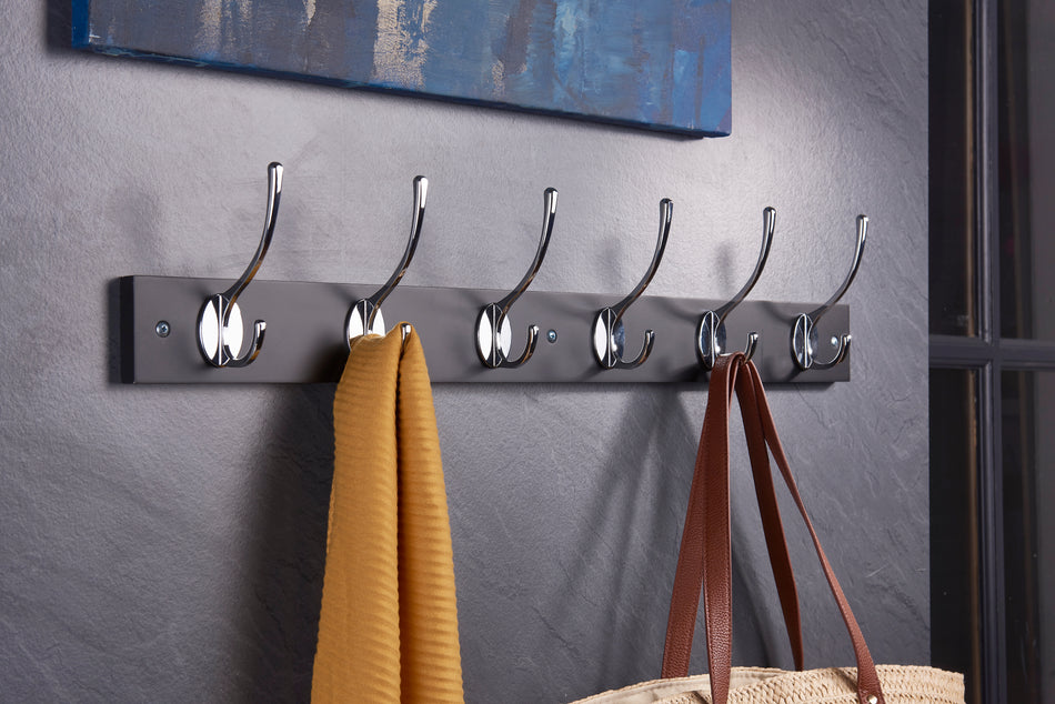 Coat Rack  -  Black Block with 6 Chrome Victorian Style Hooks FSC100%