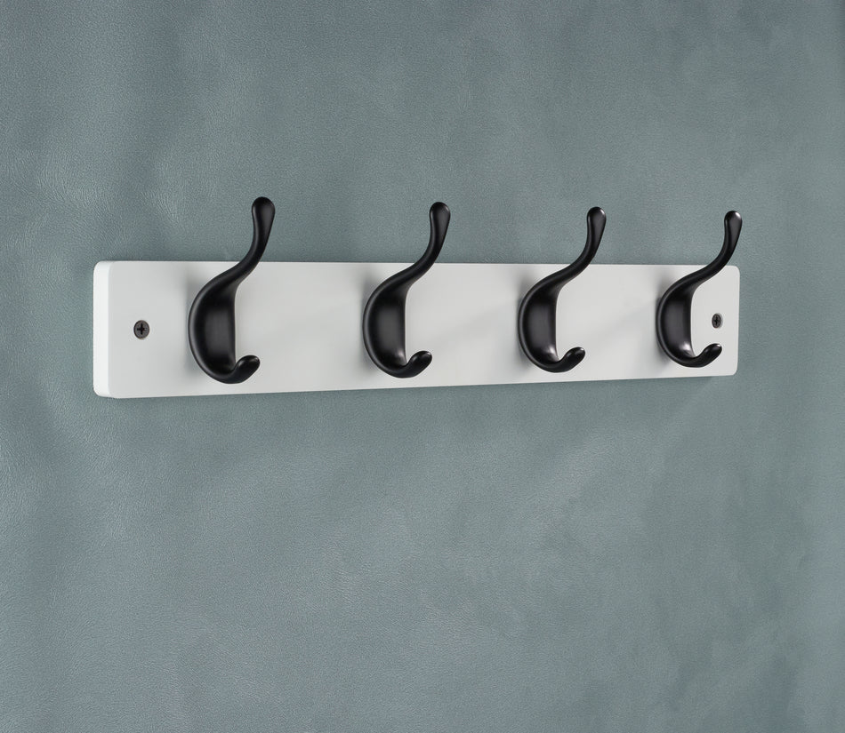 Coat Rack  -  White Block with 4 Black Modern Hooks - FSC100%