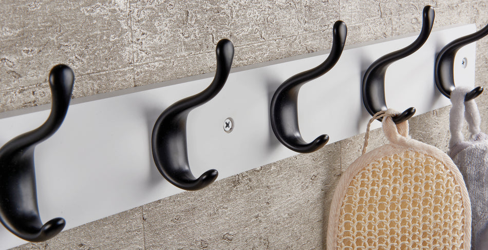 Coat Rack  -  White Block with 6 Modern Black Hooks - FSC100%